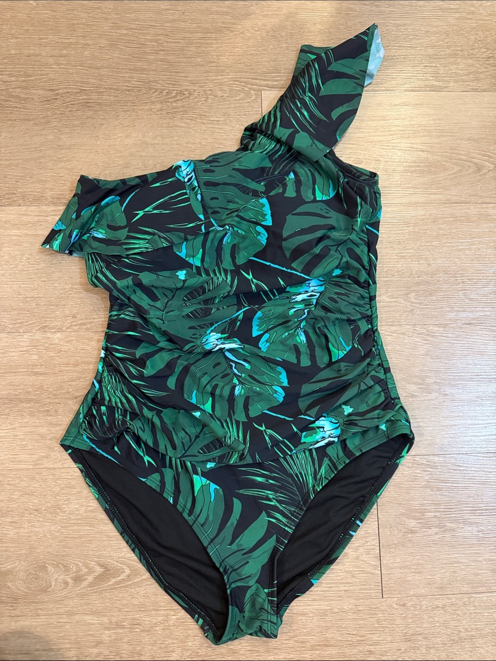 One-Shoulder Green Tropical Leaf One-Piece Swimsuit